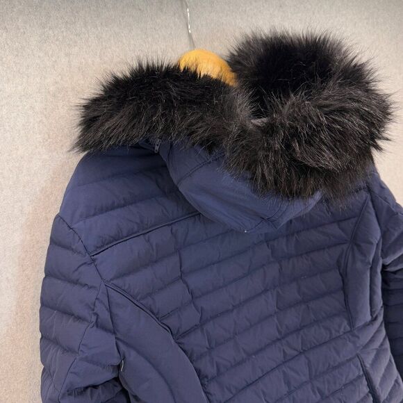 Hunter Women's Size Large Navy Blue Puffer Coat Faux Fur Collar Hood Down Fill - Picture 11 of 16